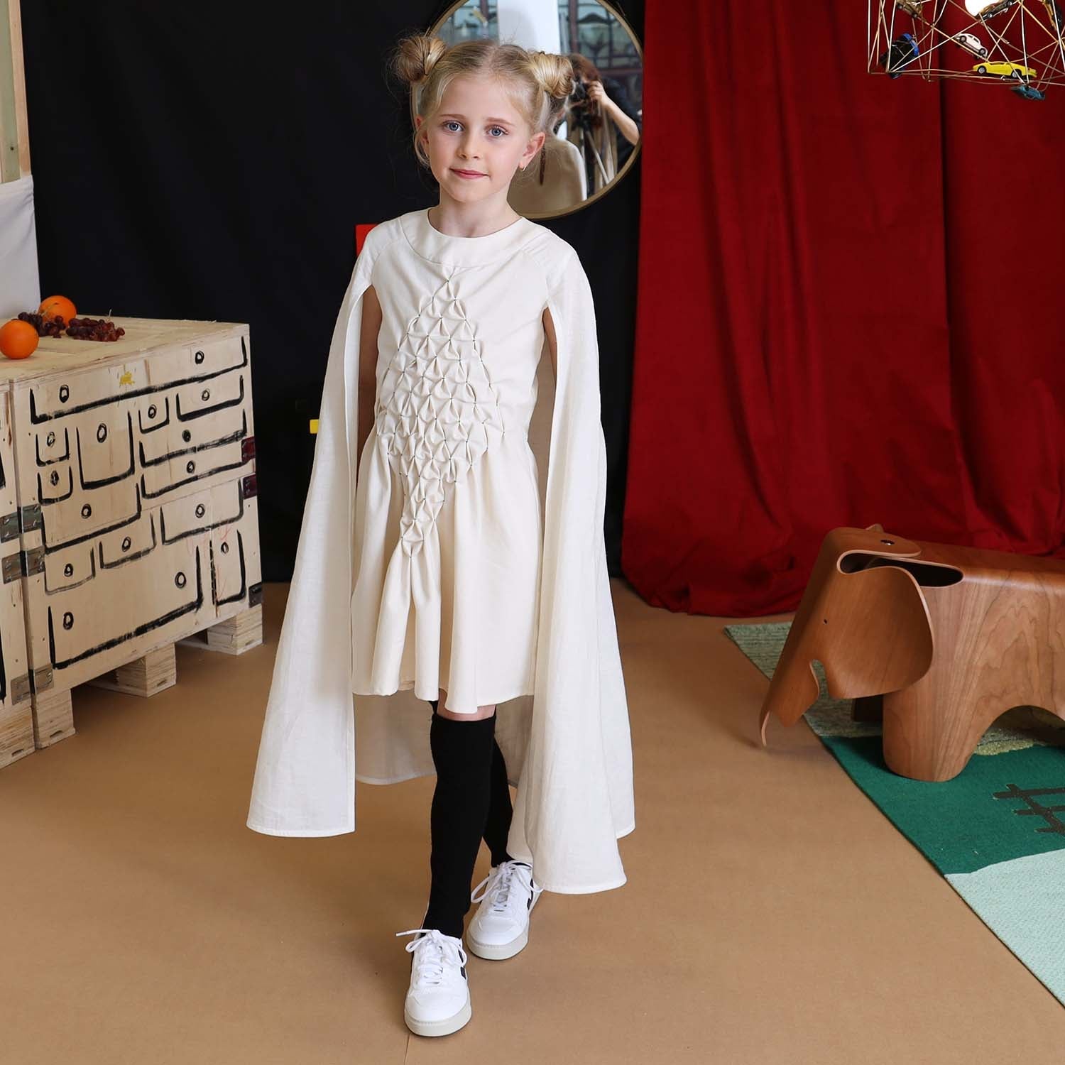 White Smock Dress for Girls with Vegan Cashmere Cape-1