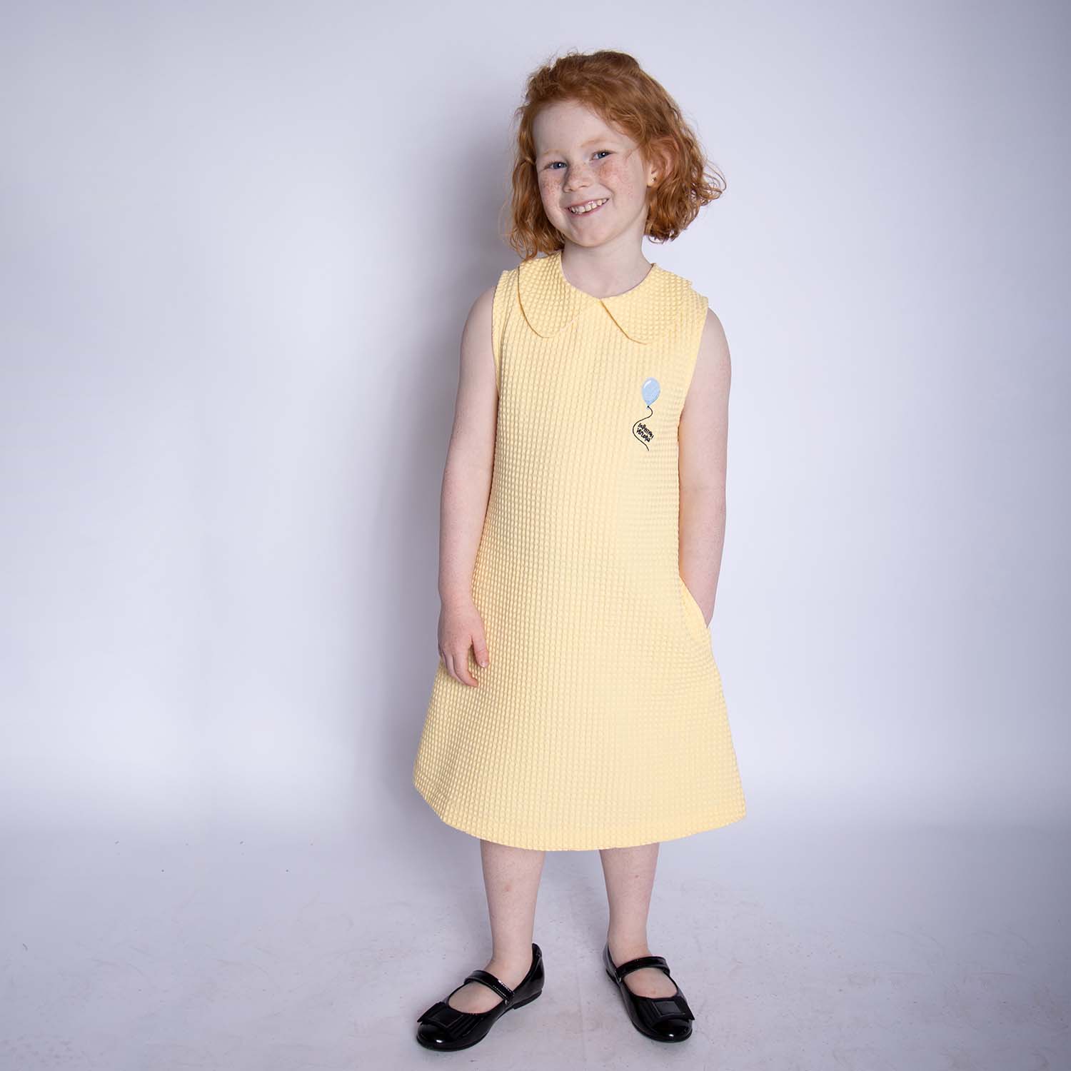 Yellow Waffle Dress with Embroidery for Girls-1