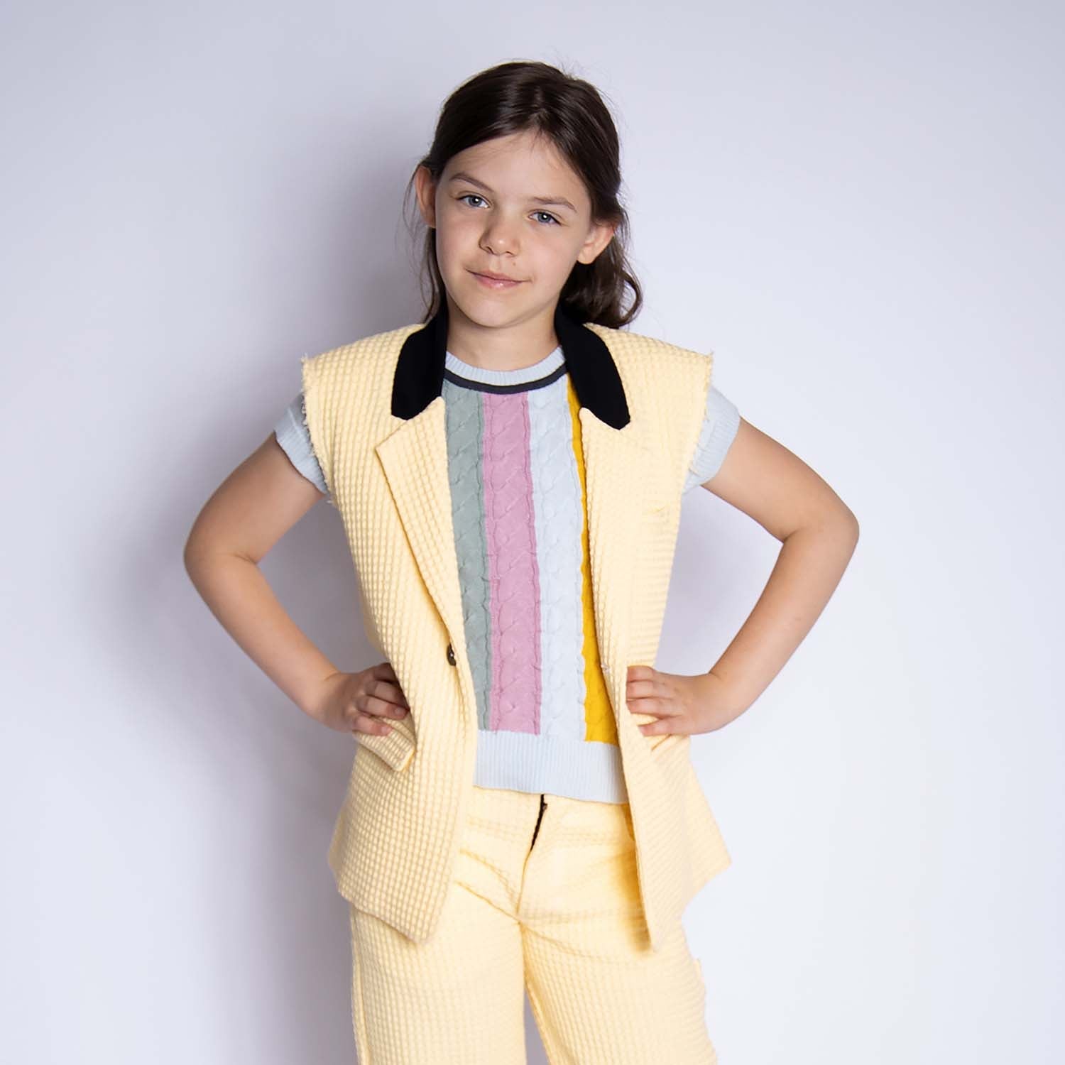 Yellow Cotton Sleeveless Blazer-3