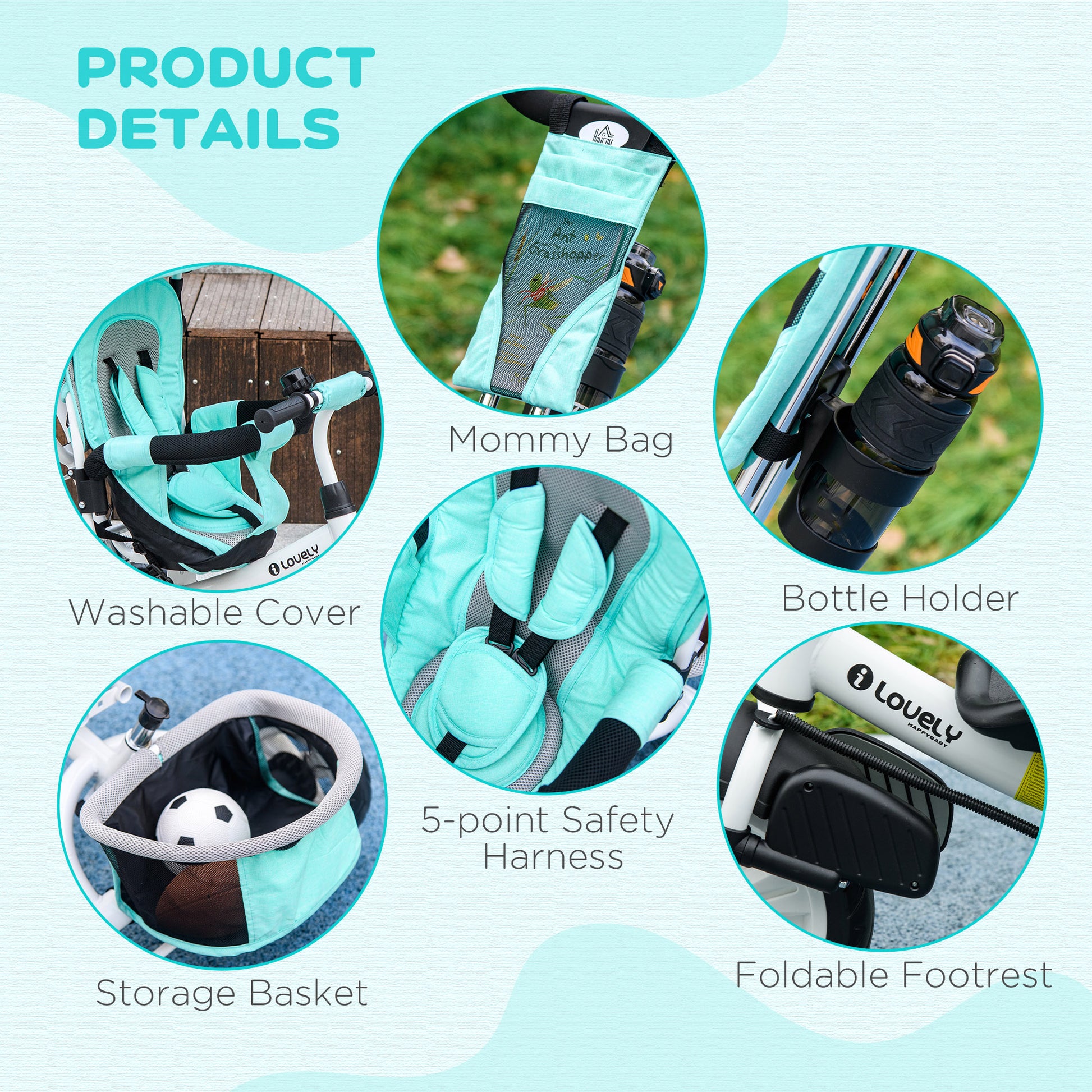 4 in 1 Kids Trike Push Bike w/ Push Handle, Canopy, 5-point Safety Belt, Storage, Footrest, Brake, for 1-5 Years, Green | HOMCOM-5