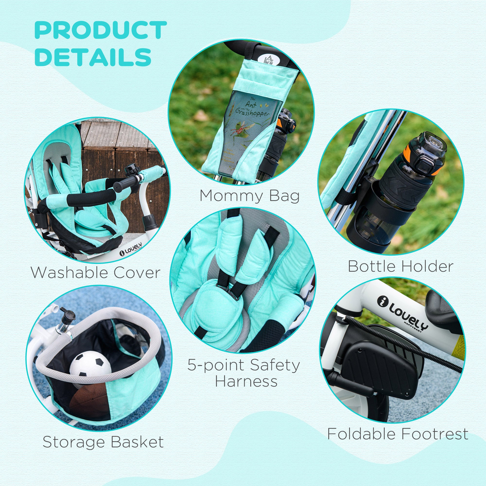 4 in 1 Kids Trike Push Bike w/ Push Handle, Canopy, 5-point Safety Belt, Storage, Footrest, Brake, for 1-5 Years, Green | HOMCOM-5