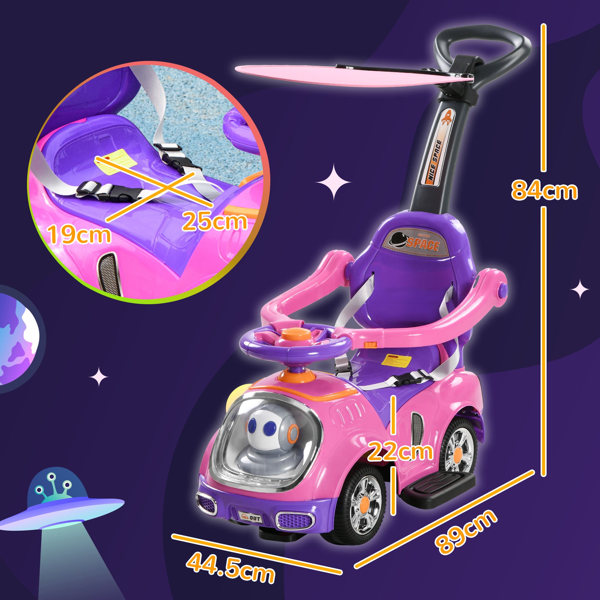 AIYAPLAY 3 in 1 Ride on Push Car, Cartoon Robot Theme Foot to Floor Slider with Handle Light Music Horn, Storage in Pink-1