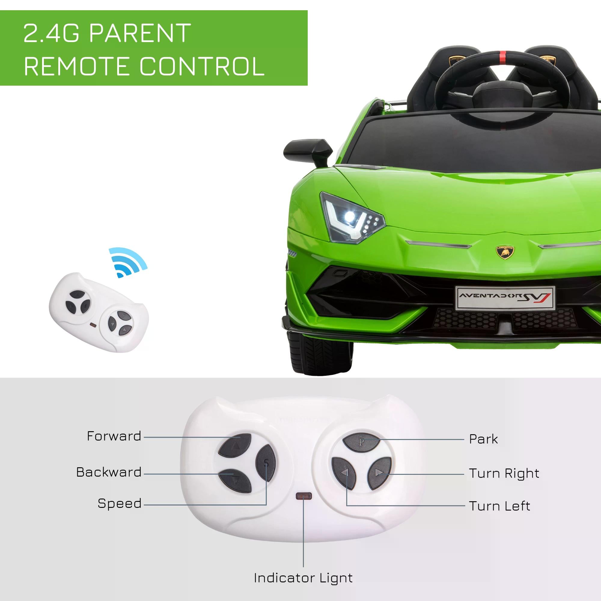 HOMCOM Compatible 12V Battery-powered Kids Electric Ride On Car Lamborghini Aventador Sports Racing Car Toy with Parental Remote Control Music Green-4