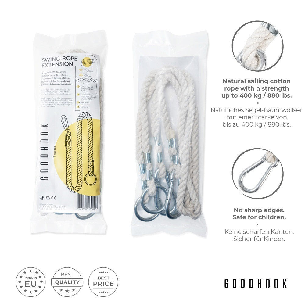 MAMOI® Swing rope 50 kg | 2 x extension of swing rope with metal snap hood | 100% ECO natural rope with snap hook | Made in EU-1
