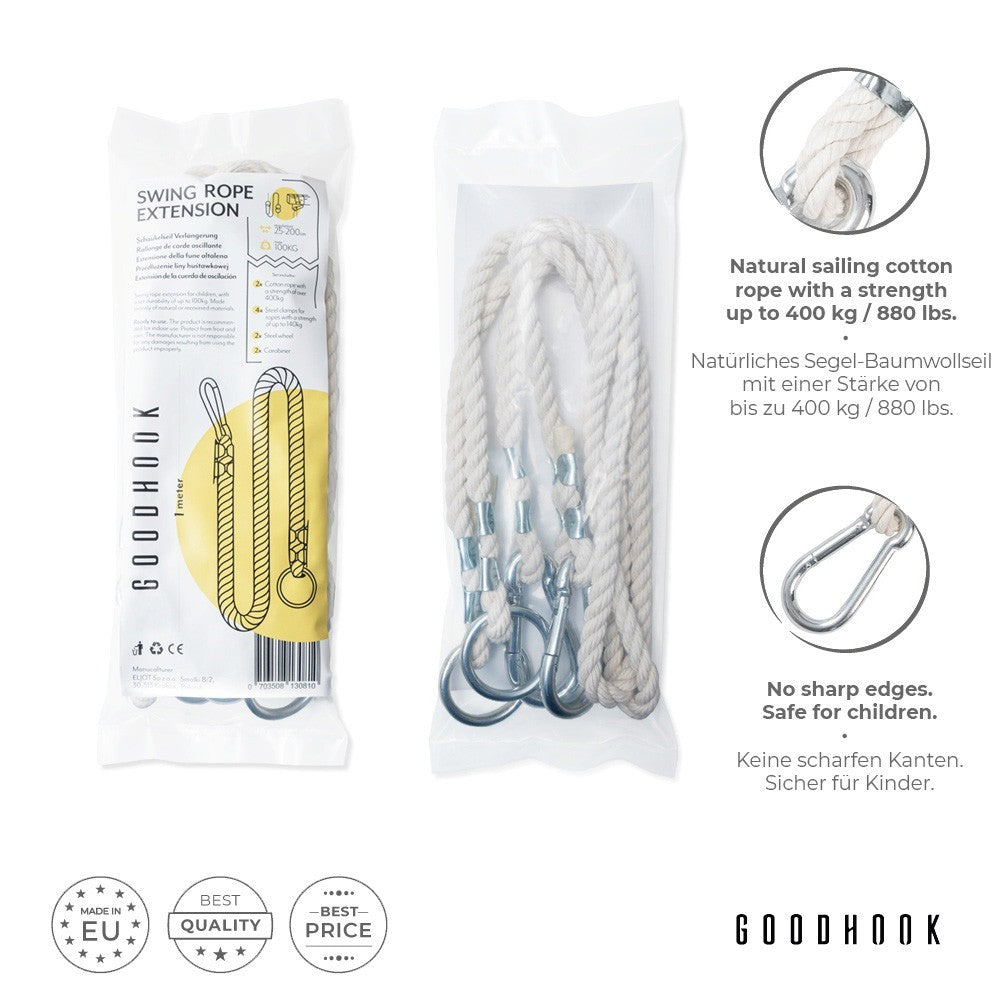 MAMOI® Swing rope 50 kg | 2 x extension of swing rope with metal snap hood | 100% ECO natural rope with snap hook | Made in EU-1
