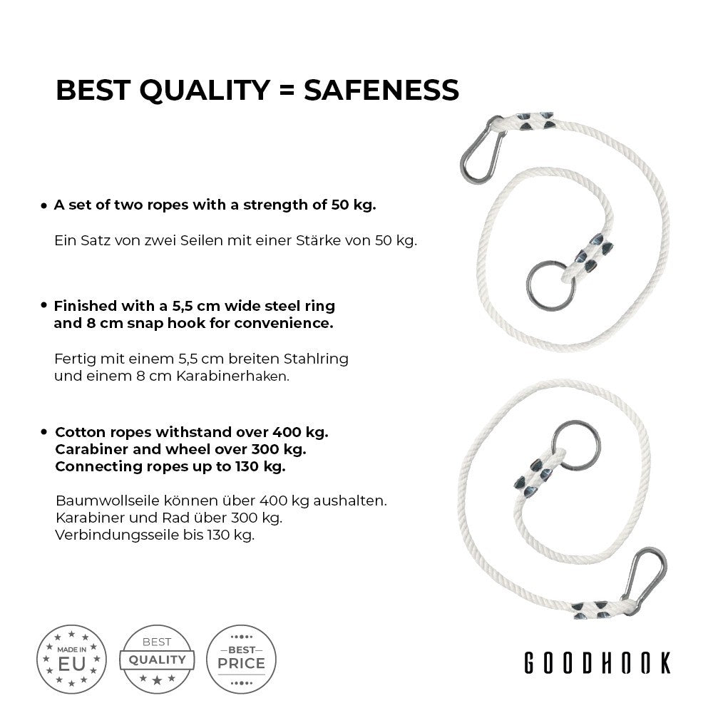 MAMOI® Swing rope 50 kg | 2 x extension of swing rope with metal snap hood | 100% ECO natural rope with snap hook | Made in EU-4