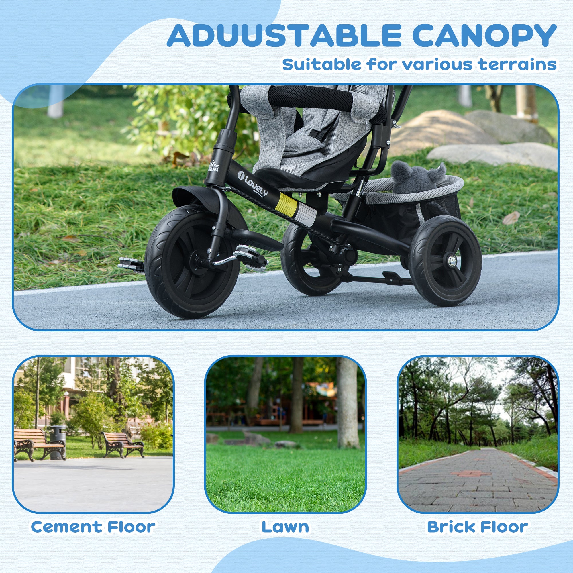 4 in 1 Kids Trike Push Bike with Push Handle and Canopy for 1-5 Years in Grey | HOMCOM-4