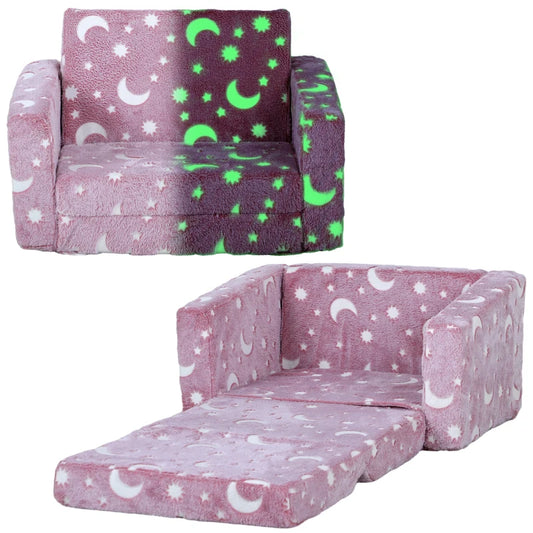 Childrens Sofa Beds 2 in 1 Kids Foldable Chair with Glow in The Dark Stars Moon Design, Washable Cushion and Cover in Pink | AIYAPLAY-0