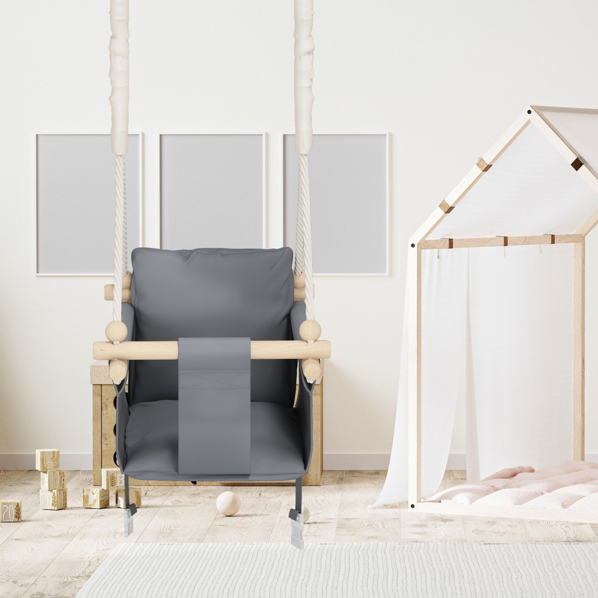 MAMOI® Wooden baby swing seat for toddlers Grey, Indoor toddler swings chair from birth, Kids baby bouncer for garden, Child rocker swing set from 8 months-3