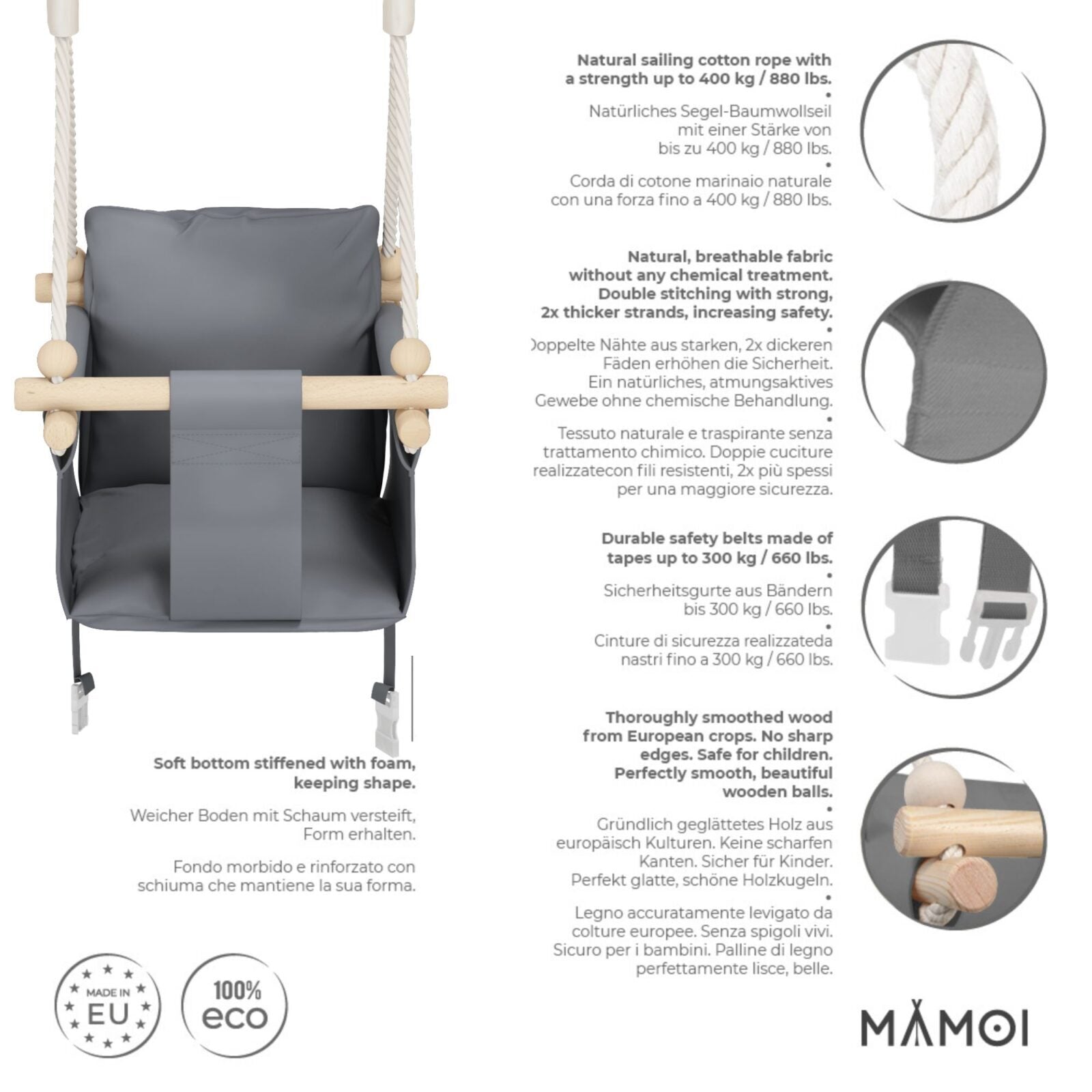 MAMOI® Wooden baby swing seat for toddlers Grey, Indoor toddler swings chair from birth, Kids baby bouncer for garden, Child rocker swing set from 8 months-2