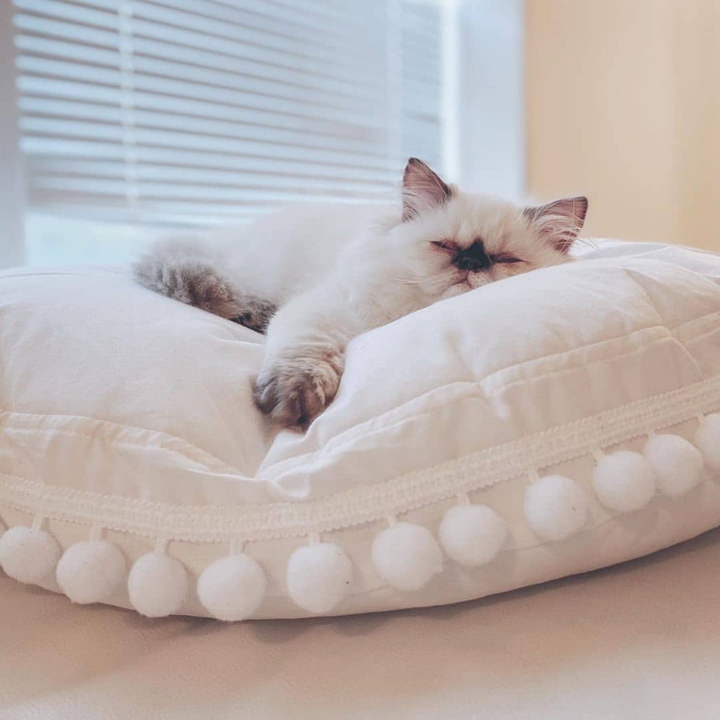 MINICAMP Cat Cushion, Boho Dog Bed with Pompoms in Ecru – Sizes 26" & 32"