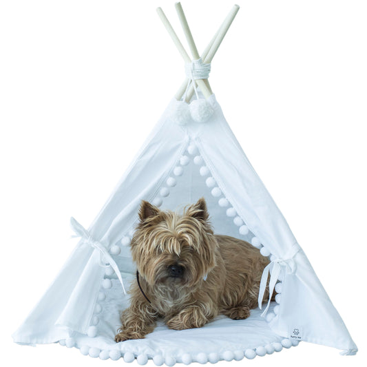 MINICAMP Cat Teepee & Dog Tent in White with Pompoms – Size S, M, L