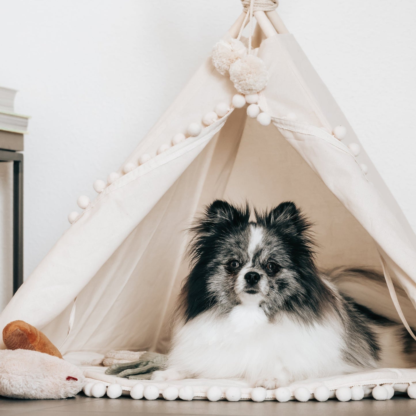 MINICAMP Dog Teepee & Large Cat Tent in Ecru with Pompoms – Size M