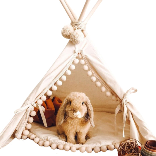 MINICAMP Rabbit Teepee, Bunny Bed in Ecru with Pompoms – Size XS