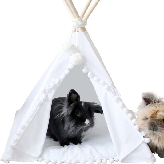 MINICAMP Rabbit Teepee, Bunny Bed in White with Pompoms – Size XS