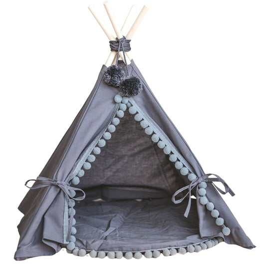 MINICAMP Teepee for Cats, Dogs & Rabbits in Grey with Pompoms – Sizes XS, S, M, L