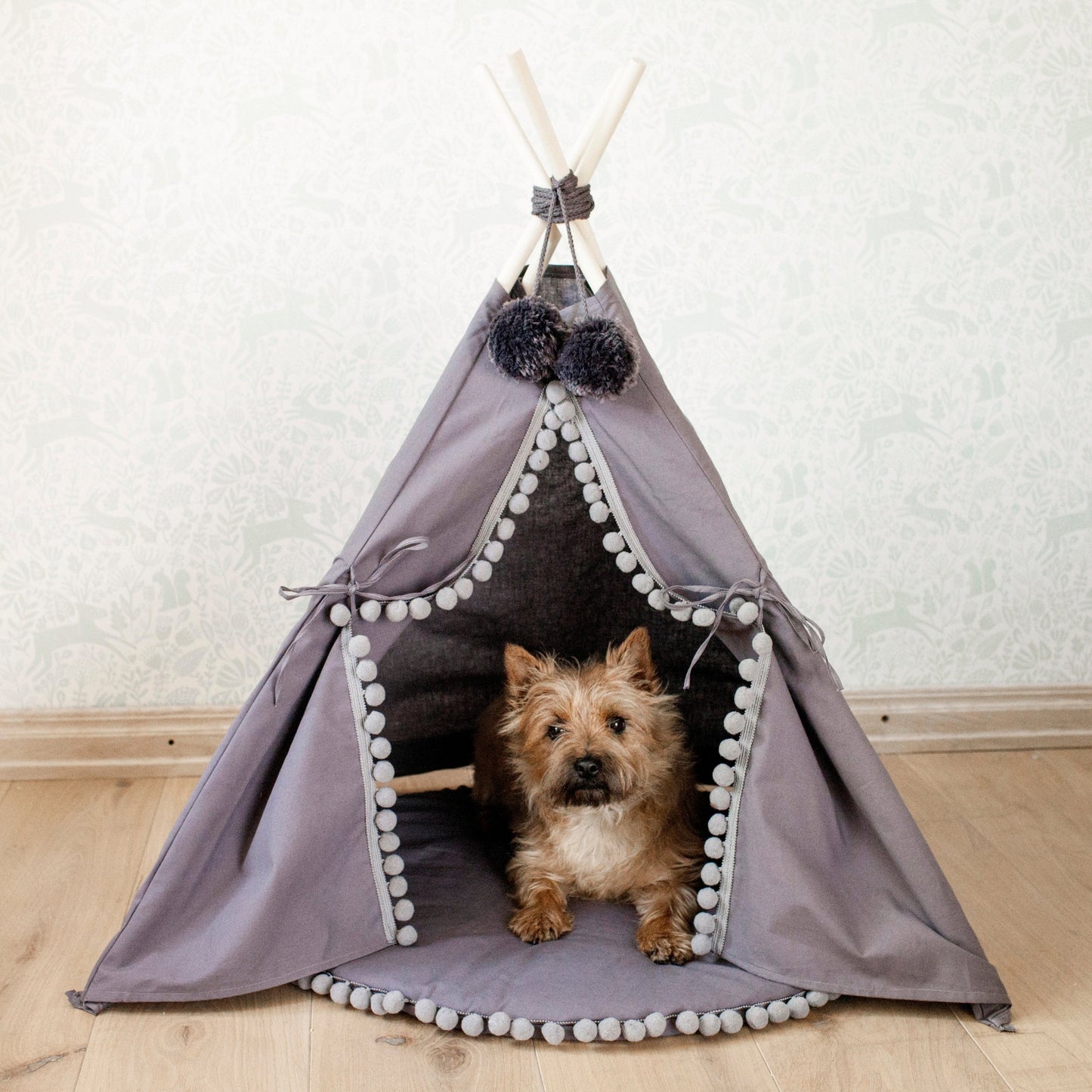 MINICAMP Teepee for Cats, Dogs & Rabbits in Grey with Pompoms – Sizes XS, S, M, L