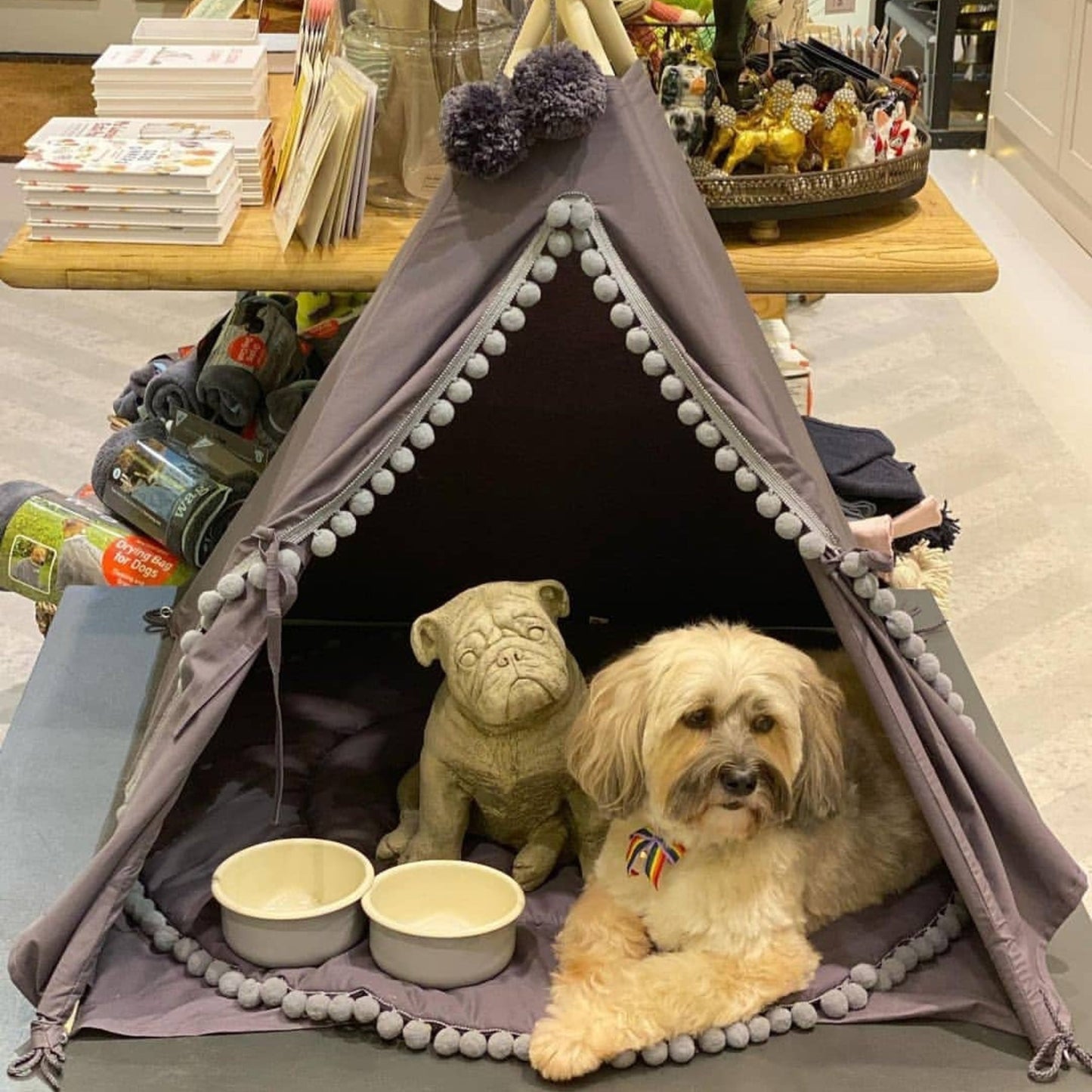 MINICAMP Teepee for Cats, Dogs & Rabbits in Grey with Pompoms – Sizes XS, S, M, L