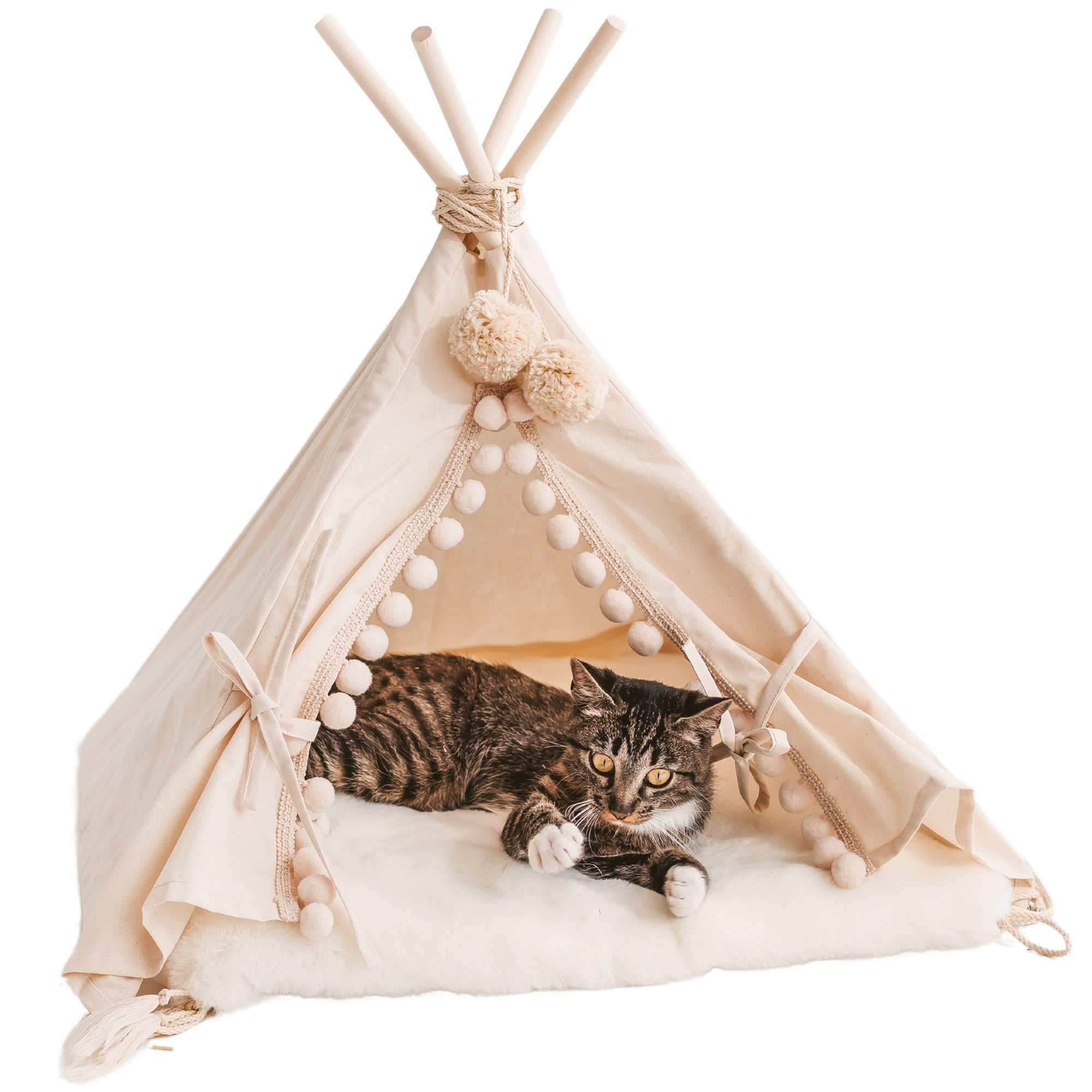 Kediler, Köpekler ve Tavşanlar için Ekru Renkli ve Suni Kürklü MINICAMP Çadırı – Bedenler XS, S, M, L