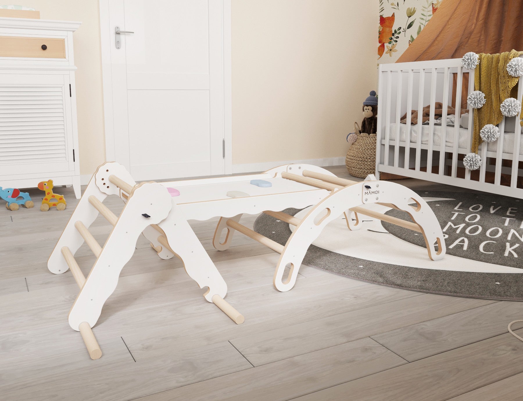 MAMOI® Set: Climbing triangle + Cradle + Slide for children | Climbing frame and slide for kids minimalist design | Yarnwood triangle for toddlers with slide 100% ECO | Made in EU-1