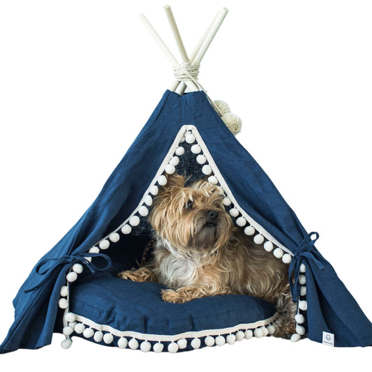 MINICAMP Dog and Cat Teepee in Navy Linen with Soft Pillow – Sizes S, M, L