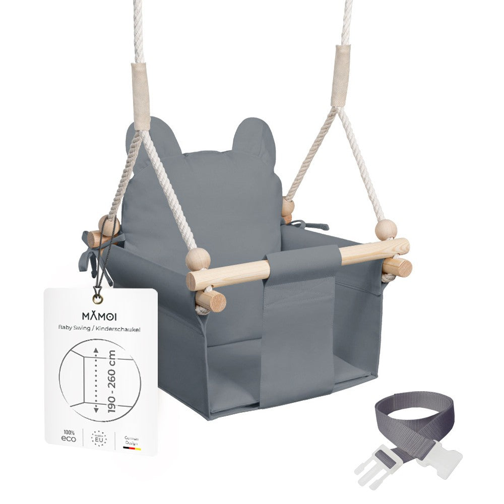 MAMOI® Wooden baby swing seat for toddlers Grey, Indoor toddler swings chair from birth, Kids baby bouncer for garden, Child rocker swing set from 8 months-0