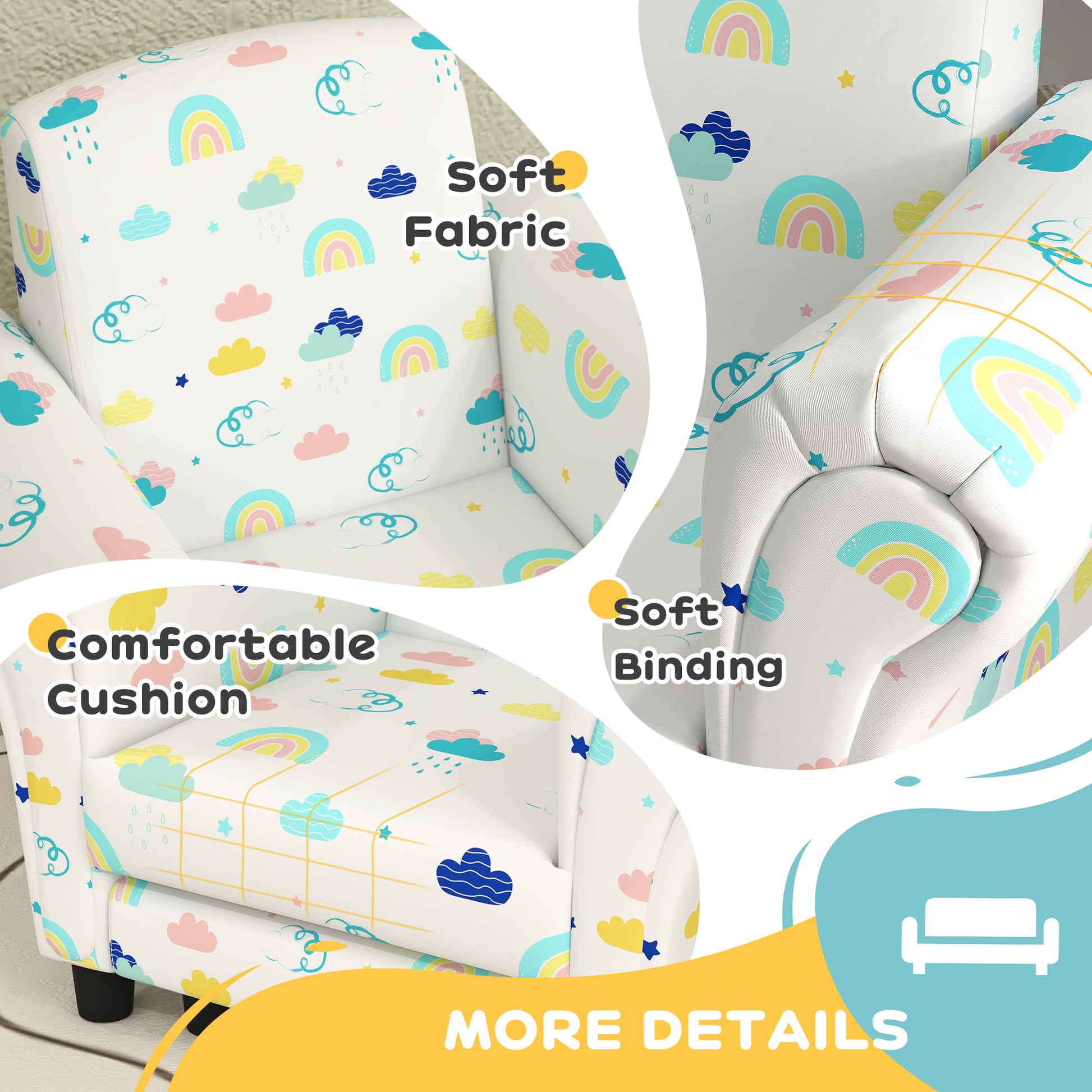 AIYAPLAY 2 Piece Kids Sofa Set with Cloud Design, Wooden Frame, for 1.5-3 Years Old, White-4