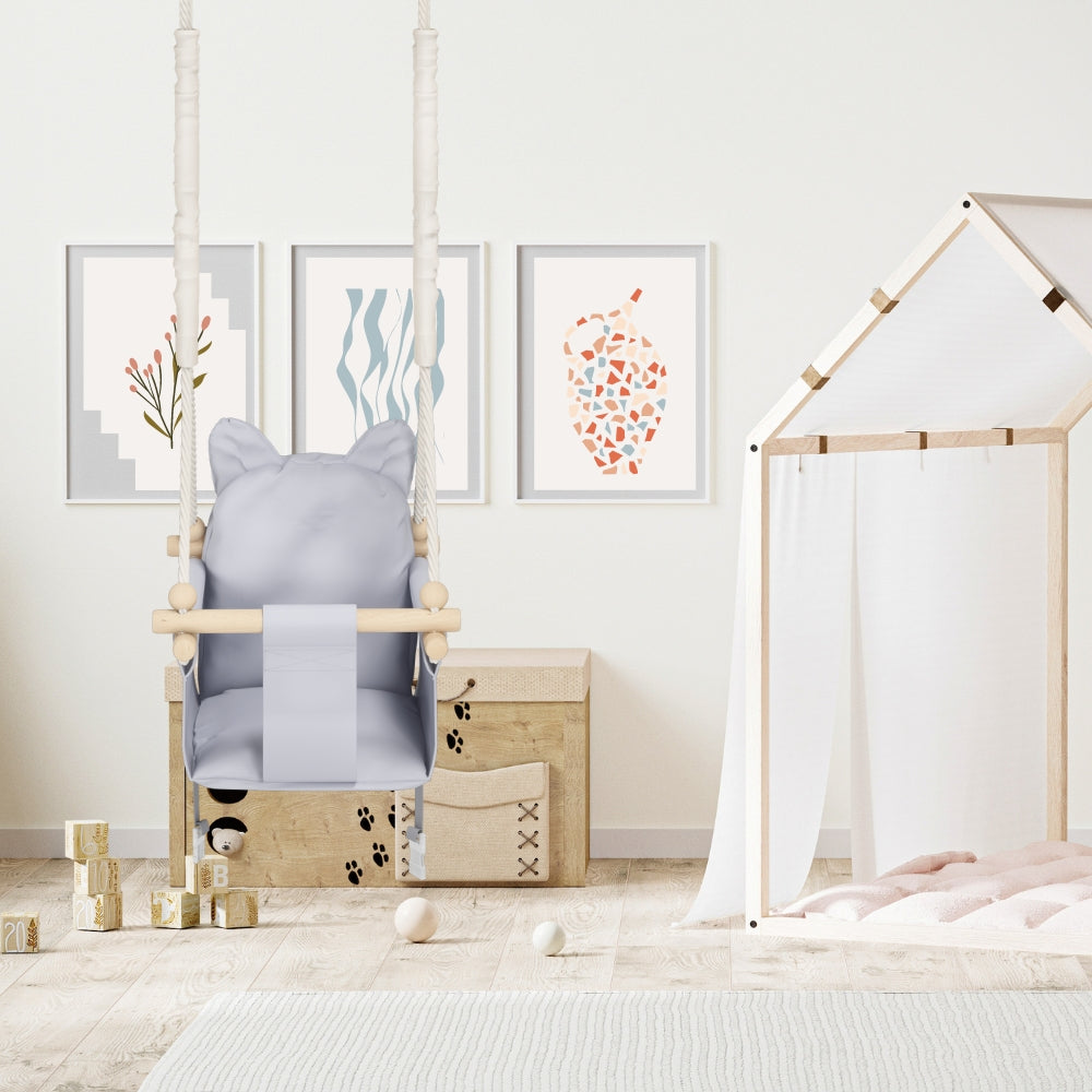 MAMOI® Wooden baby swing seat for toddlers Light grey, Indoor toddler swings chair from birth, Kids baby bouncer for garden, Child rocker swing set from 8 months-3
