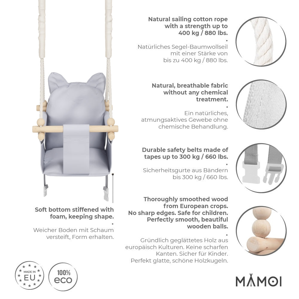 MAMOI® Wooden baby swing seat for toddlers Light grey, Indoor toddler swings chair from birth, Kids baby bouncer for garden, Child rocker swing set from 8 months-2