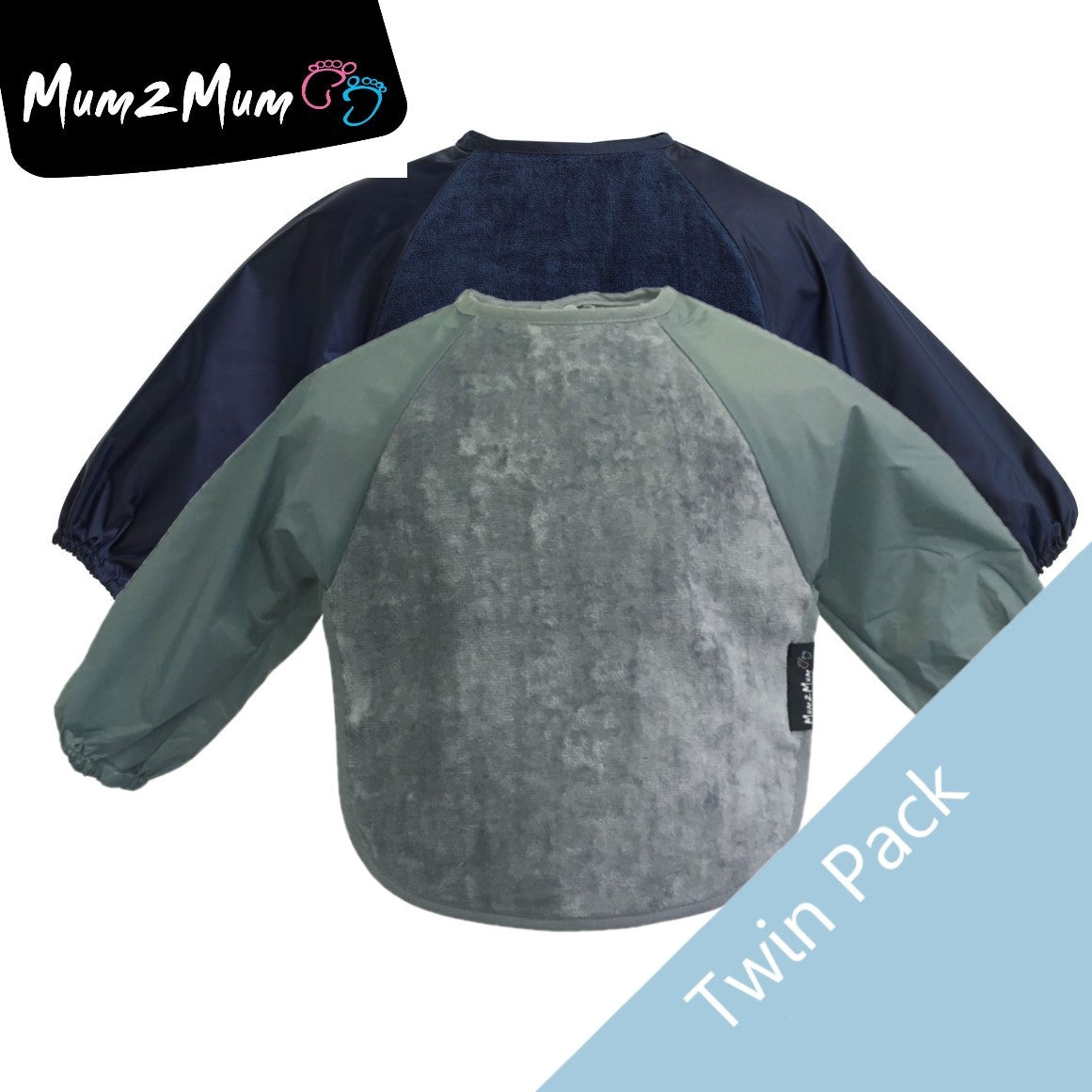 2 PACK - Mum 2 Mum Long Sleeved Wonder Bibs LARGE 18m - 3 years - Grey & Navy