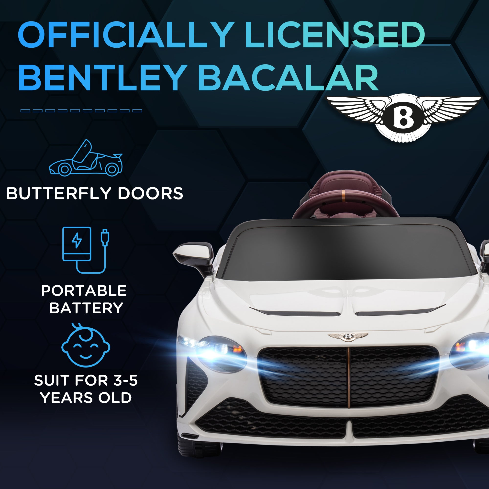Bentley Bacalar Licensed 12V Kids Electric Ride on Car with Remote Control, Powered Electric Car w/ Portable Battery Aged 3-5 | HOMCOM-2
