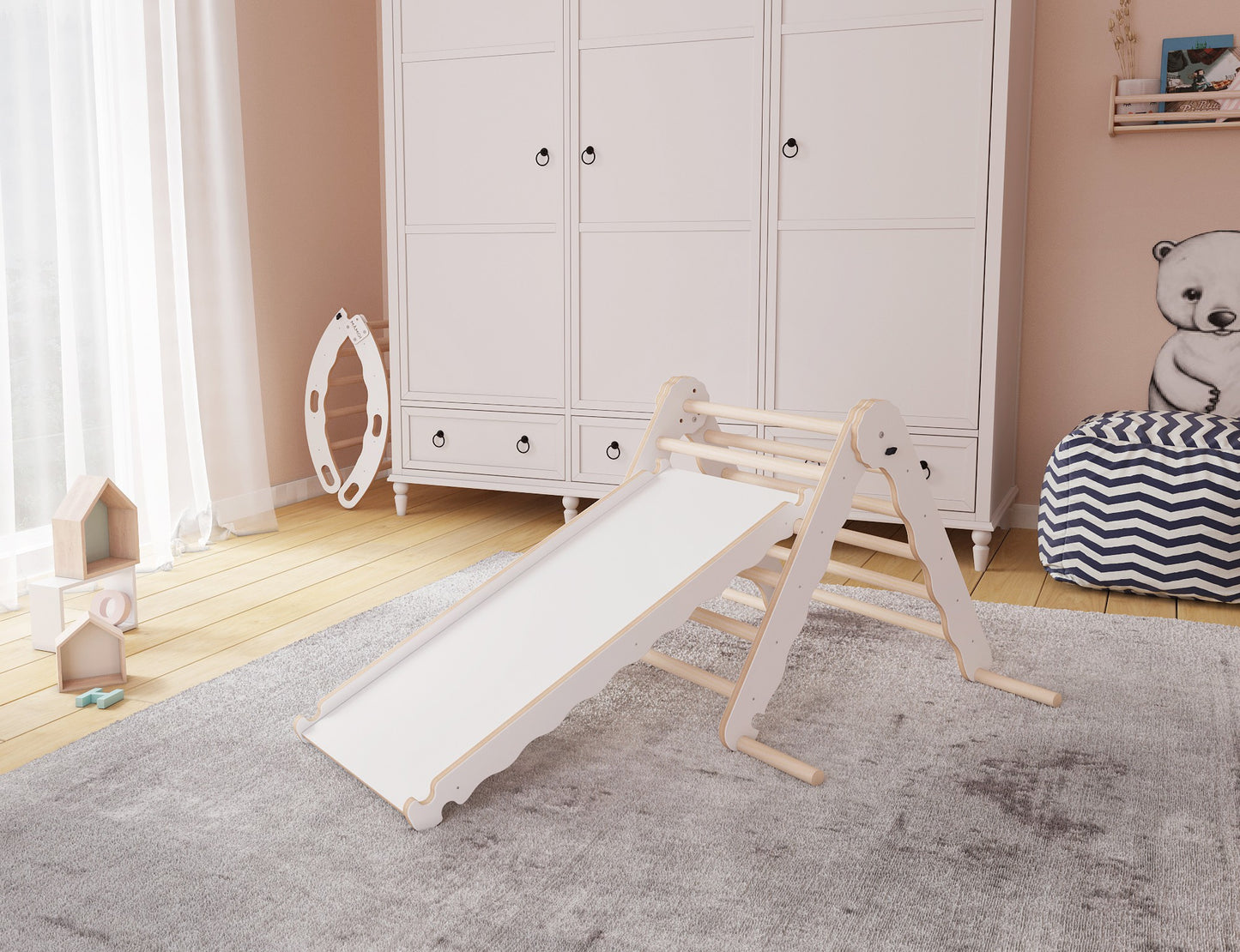 MAMOI® Indoor climbing triangle with slide for kids, Baby climbing frame, Wooden toddler gym for children outside and outdoor, Frames and slides, montessori toys for toddlers age 1-3-2