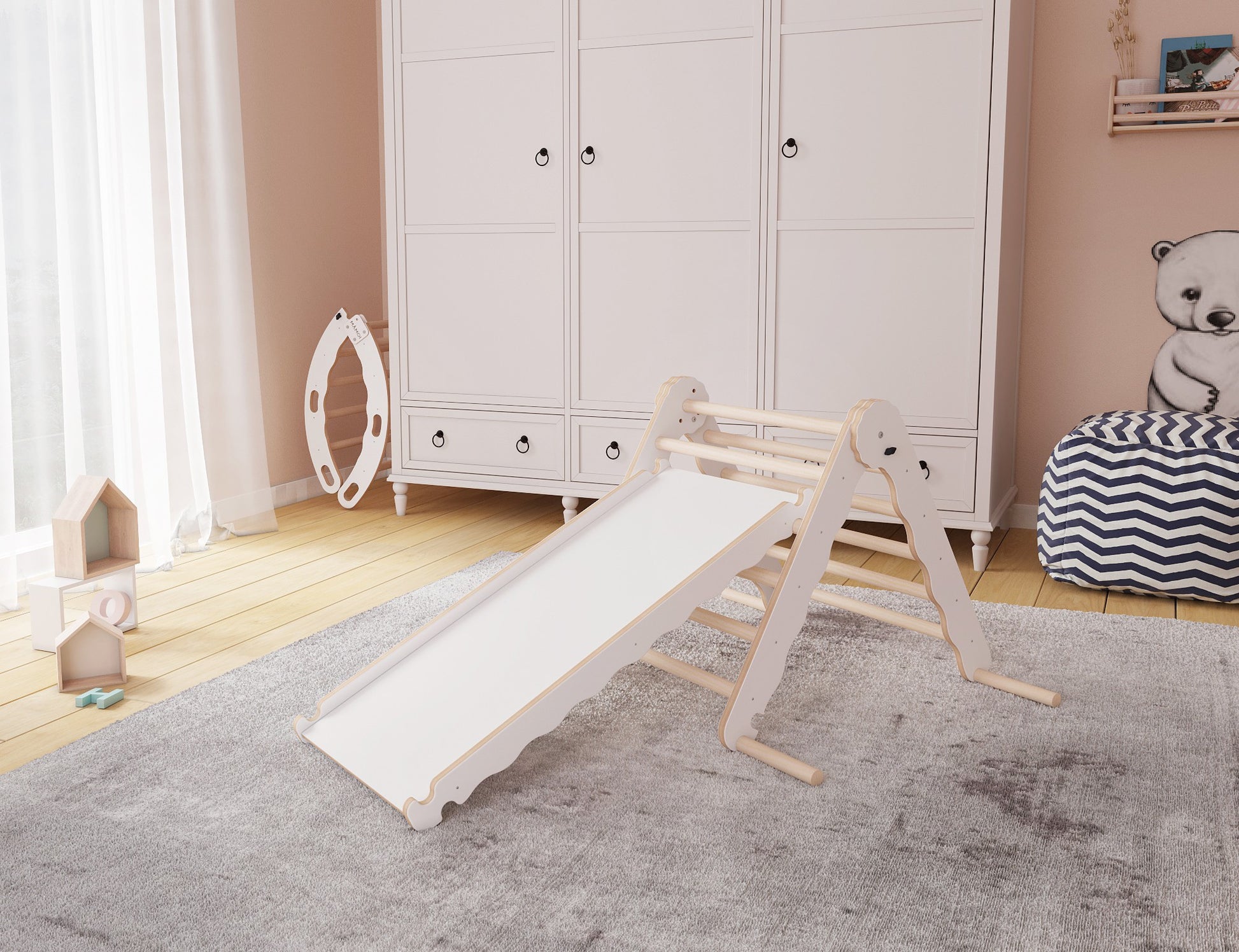 MAMOI® Indoor climbing triangle with slide for kids, Baby climbing frame, Wooden toddler gym for children outside and outdoor, Frames and slides, montessori toys for toddlers age 1-3-2