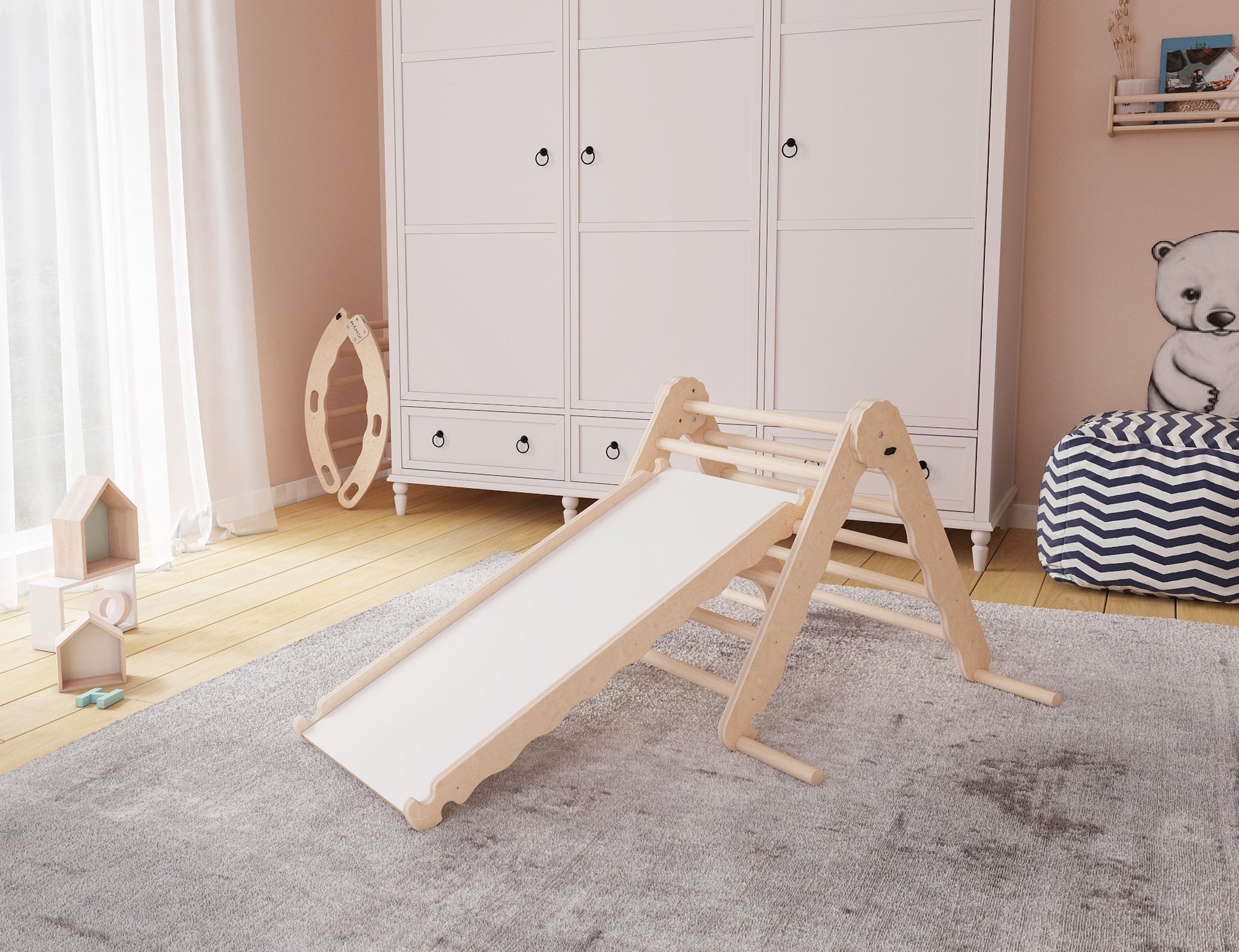 MAMOI® Indoor climbing triangle with slide for kids, Baby climbing frame, Wooden toddler gym for children outside and outdoor, Frames and slides, montessori toys for toddlers age 1-3-2