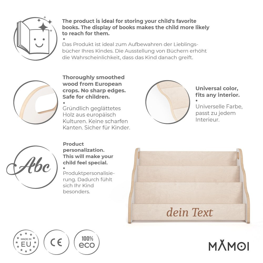 MAMOI® Personalised book shelf for kids, Bookcase with name embroidered for childrens room, Small bookshelf for toddler, Child bookcases and shelves, Wall stand storage and furniture for bedroom-1