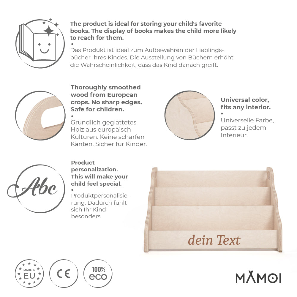 MAMOI® Personalised book shelf for kids, Bookcase with name embroidered for childrens room, Small bookshelf for toddler, Child bookcases and shelves, Wall stand storage and furniture for bedroom-1