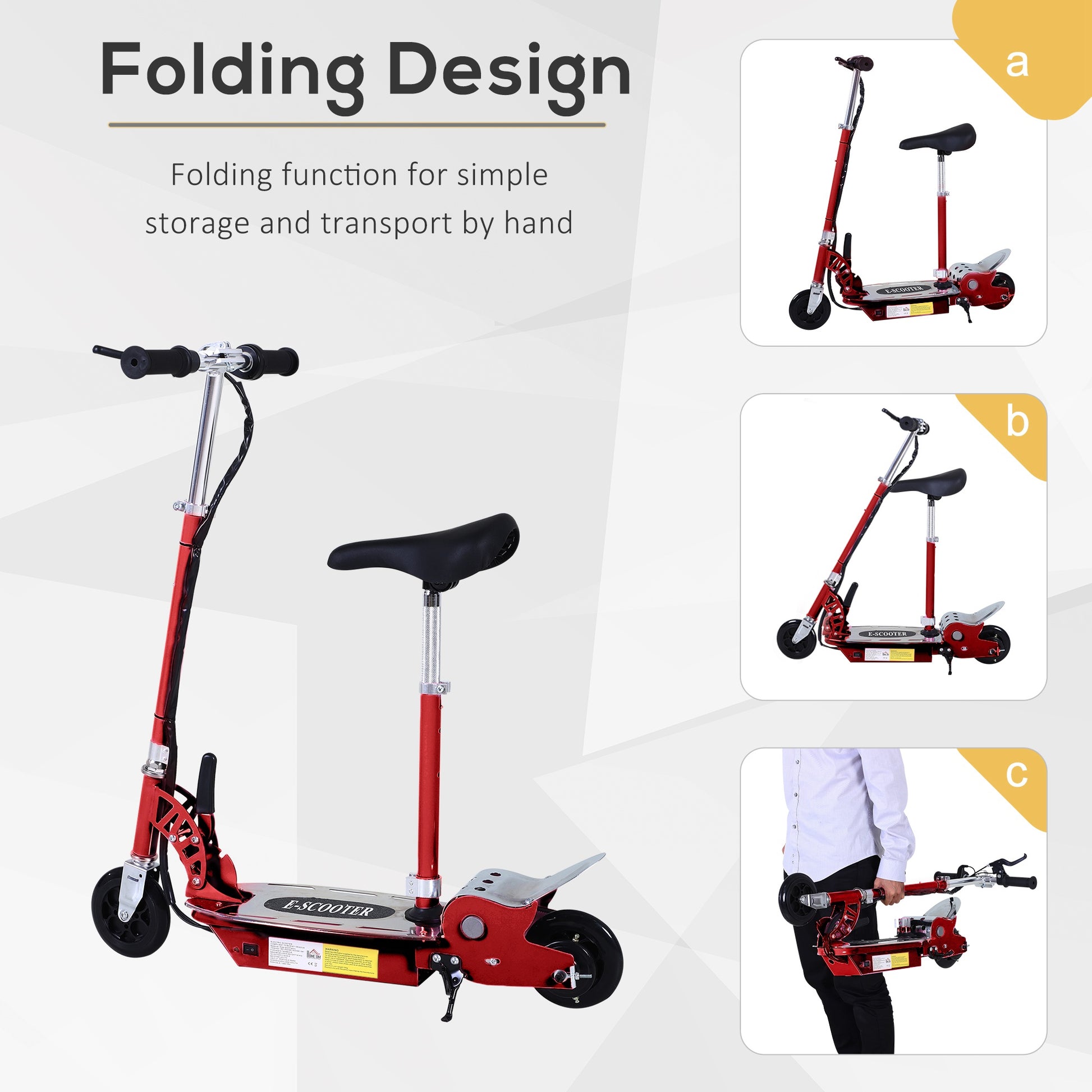 HOMCOM 120W Teens Foldable Kids Powered Scooters 24V Rechargeable Battery Adjustable Ride on Outdoor Toy in Red-3