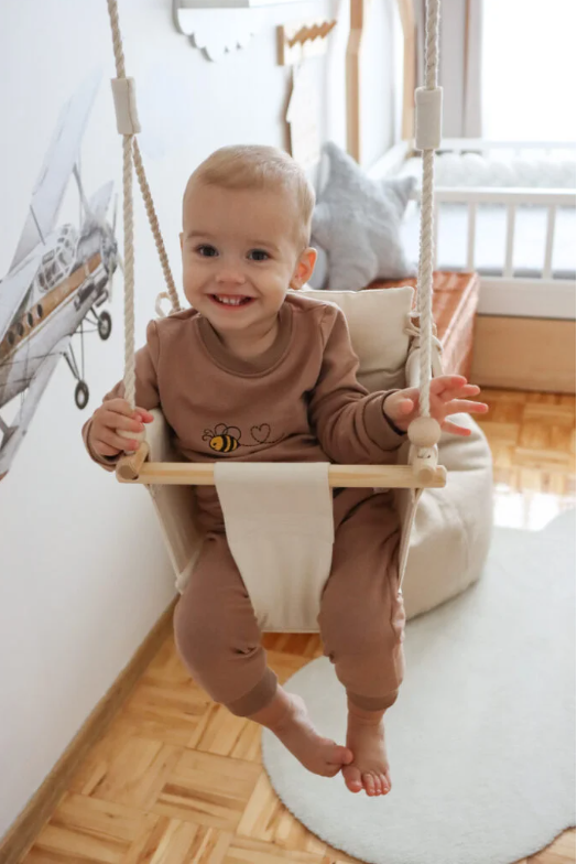 MAMOI® Wooden baby swing seat for toddlers Beige, Indoor toddler swings chair from birth, Kids baby bouncer for garden, Child rocker swing set from 8 months-7
