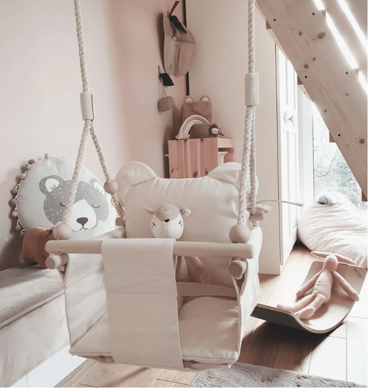 MAMOI® Wooden baby swing seat for toddlers Beige, Indoor toddler swings chair from birth, Kids baby bouncer for garden, Child rocker swing set from 8 months-4
