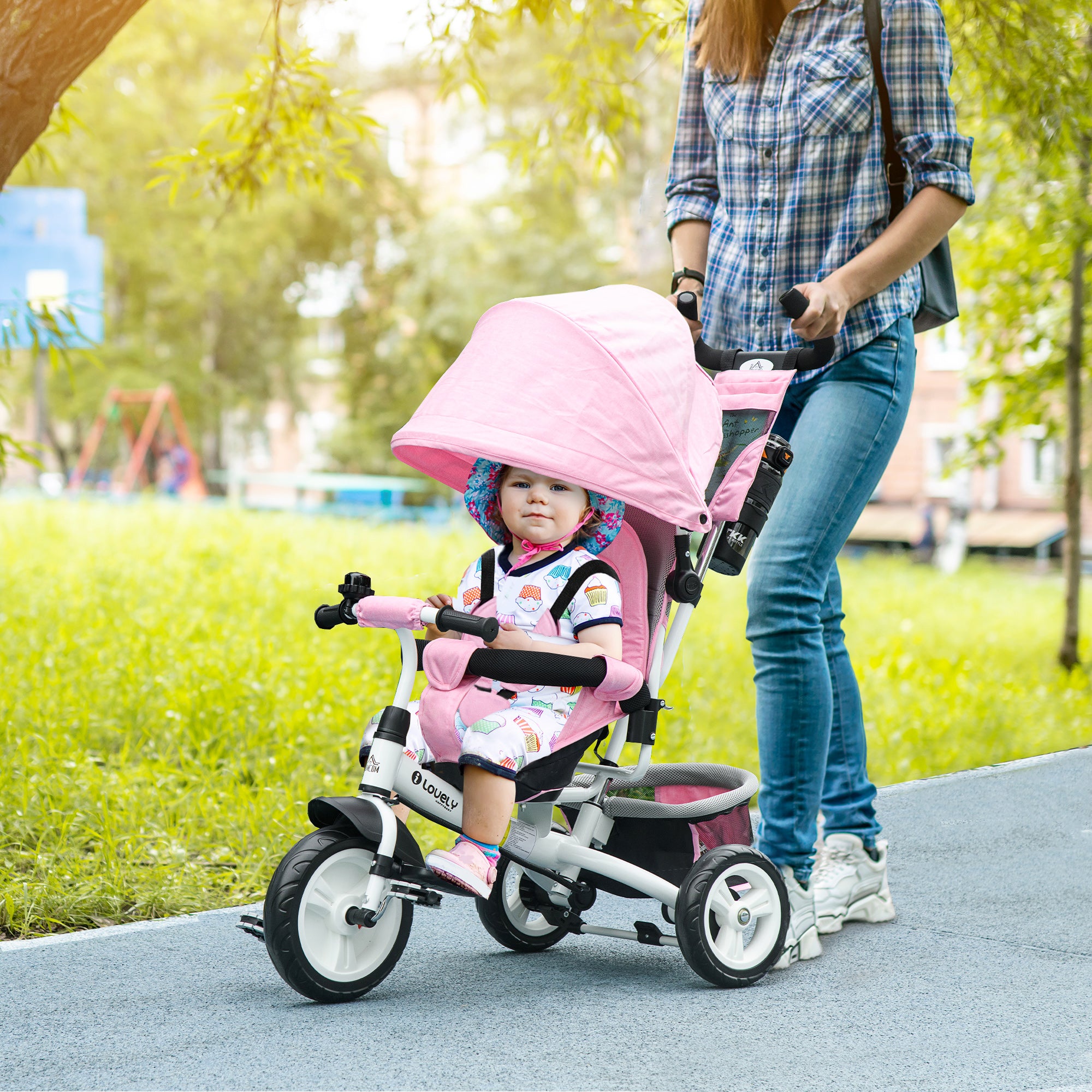 4 in 1 Kids Trike Push Bike w/ Push Handle, Canopy, 5-point Safety Belt, Storage, Footrest, Brake, for 1-5 Years, Pink | HOMCOM-8