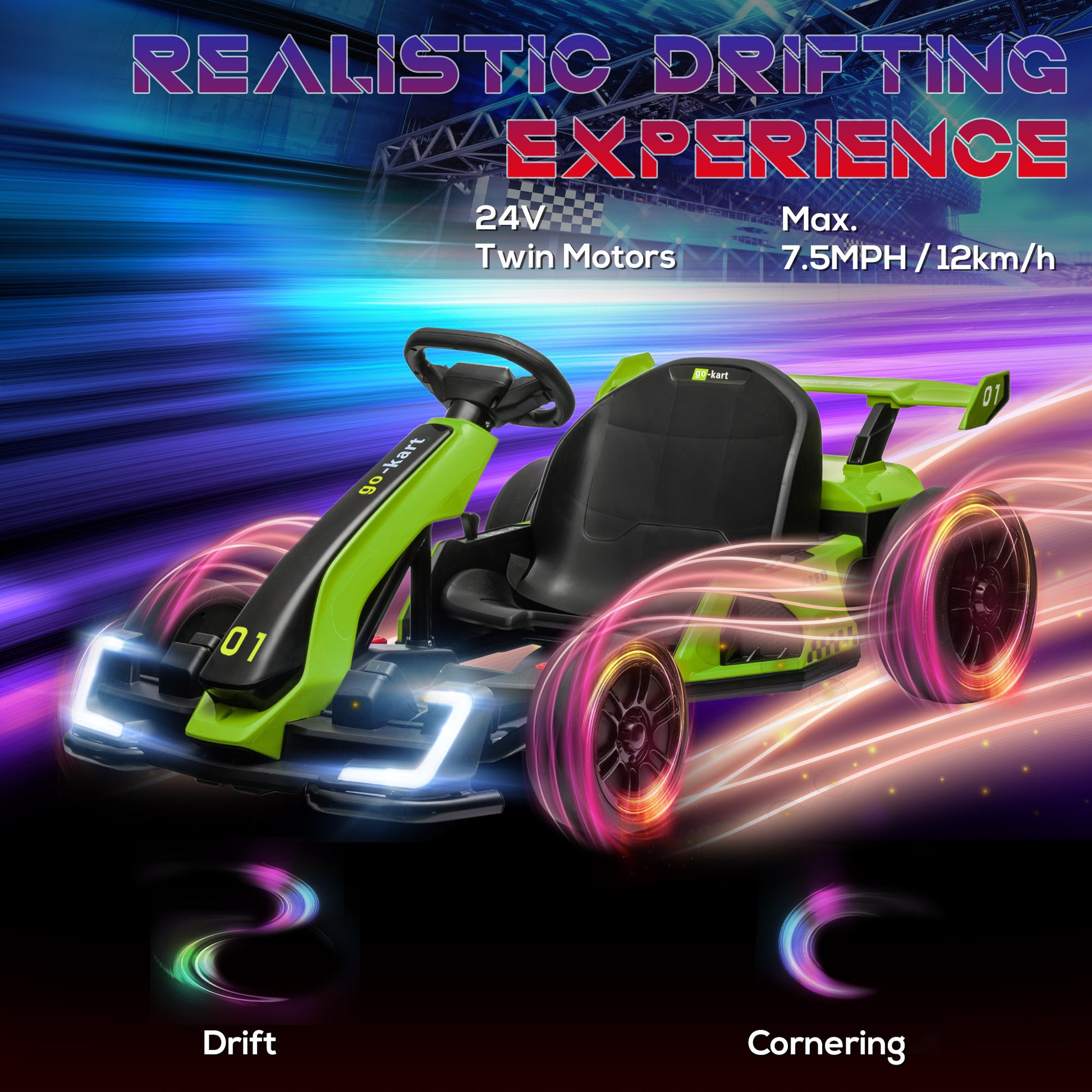 HOMCOM 24V Electric Go Kart for Kids with Adjustable Seat for 6-12 Years Old in Green-2