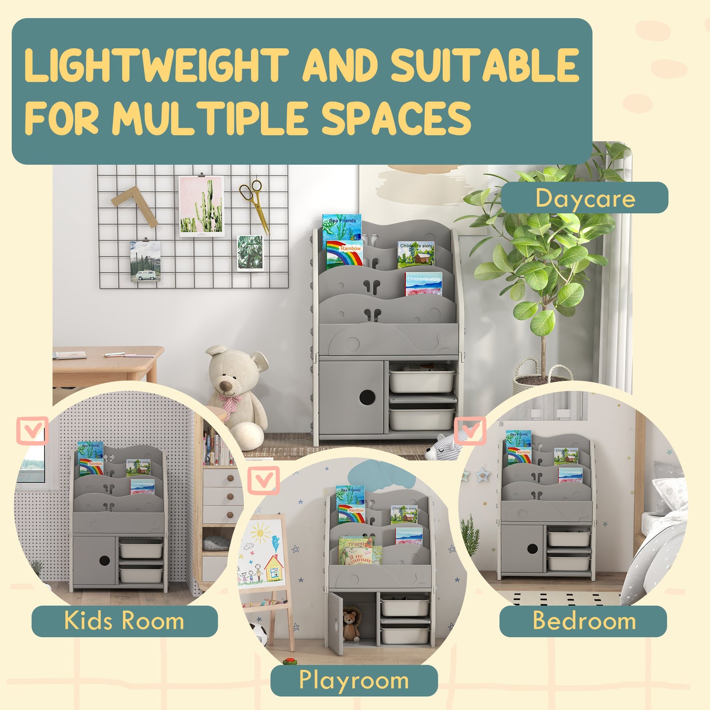 AIYAPLAY Kids Storage Units with 2 Storage Boxes, 4 Tier Bookshelf, Cabinet, 67 x 29 x 98cm Light Grey-4