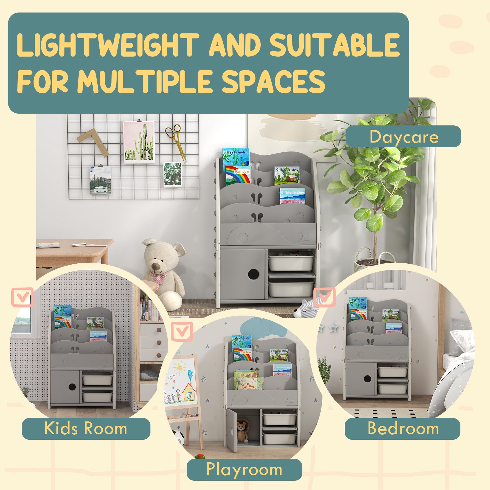 AIYAPLAY Kids Storage Units with 2 Storage Boxes, 4 Tier Bookshelf, Cabinet, 67 x 29 x 98cm Light Grey-4