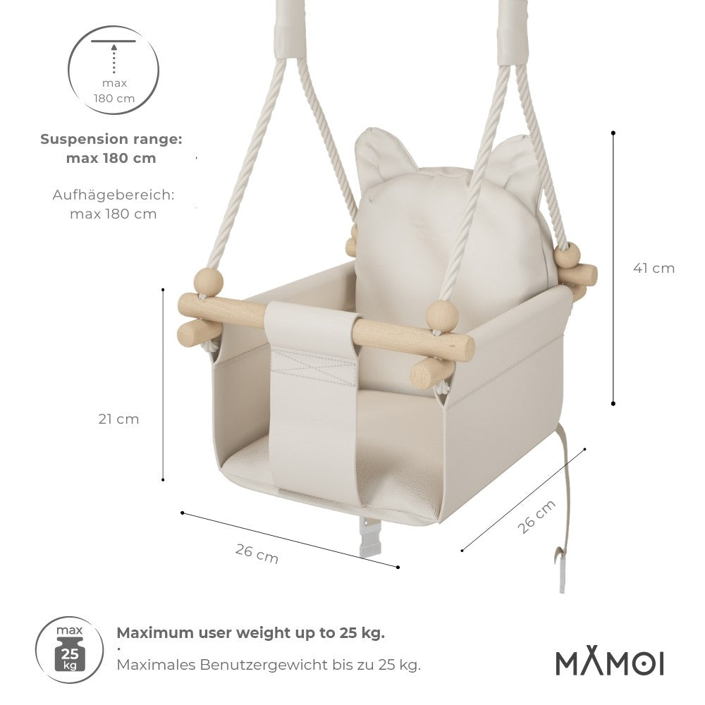 MAMOI® Wooden baby swing seat for toddlers Beige, Indoor toddler swings chair from birth, Kids baby bouncer for garden, Child rocker swing set from 8 months-1