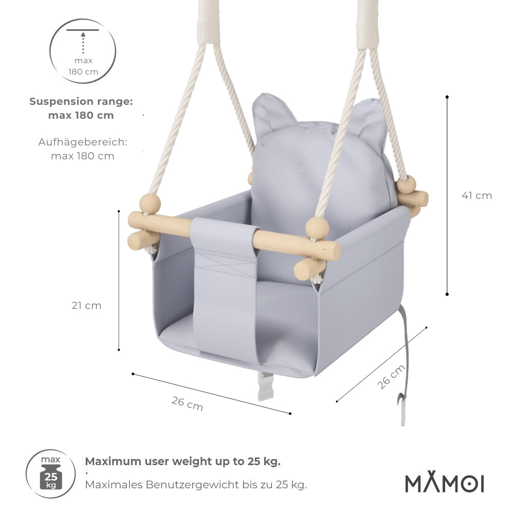 MAMOI® Wooden baby swing seat for toddlers Light grey, Indoor toddler swings chair from birth, Kids baby bouncer for garden, Child rocker swing set from 8 months-1