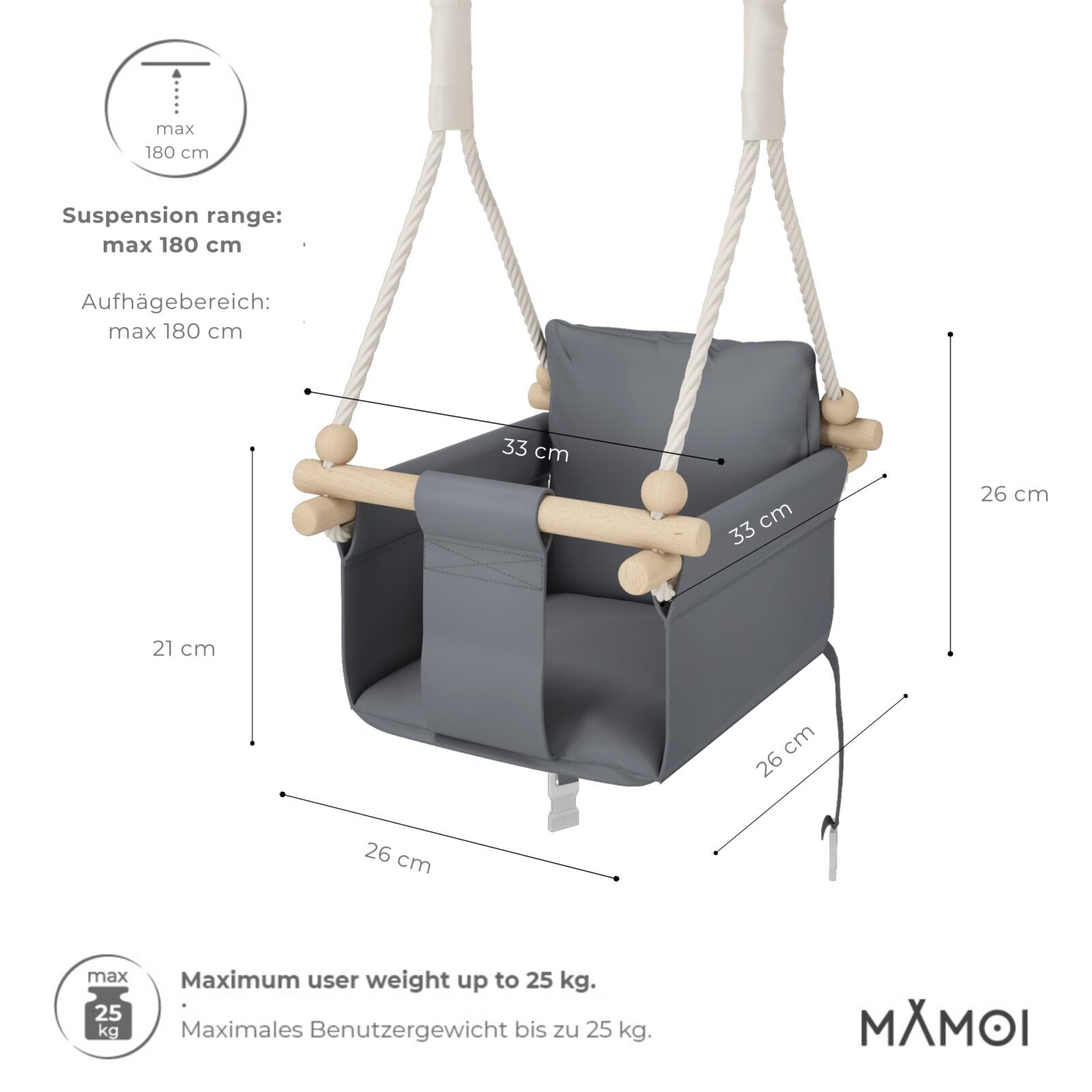 MAMOI® Wooden baby swing seat for toddlers Grey, Indoor toddler swings chair from birth, Kids baby bouncer for garden, Child rocker swing set from 8 months-1