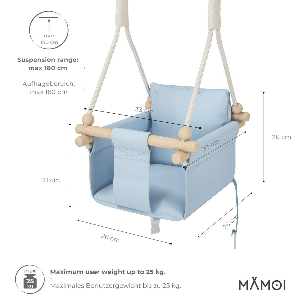 MAMOI® Wooden baby swing seat for toddlers Blue, Indoor toddler swings chair from birth, Kids baby bouncer for garden, Child rocker swing set from 8 months-1