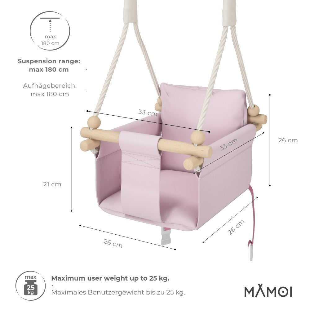 MAMOI® Wooden baby swing seat for toddlers Pink, Indoor toddler swings chair from birth, Kids baby bouncer for garden, Child rocker swing set from 8 months-1
