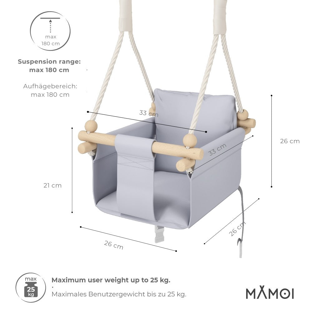 MAMOI® Wooden baby swing seat for toddlers Light grey, Indoor toddler swings chair from birth, Kids baby bouncer for garden, Child rocker swing set from 8 months-1