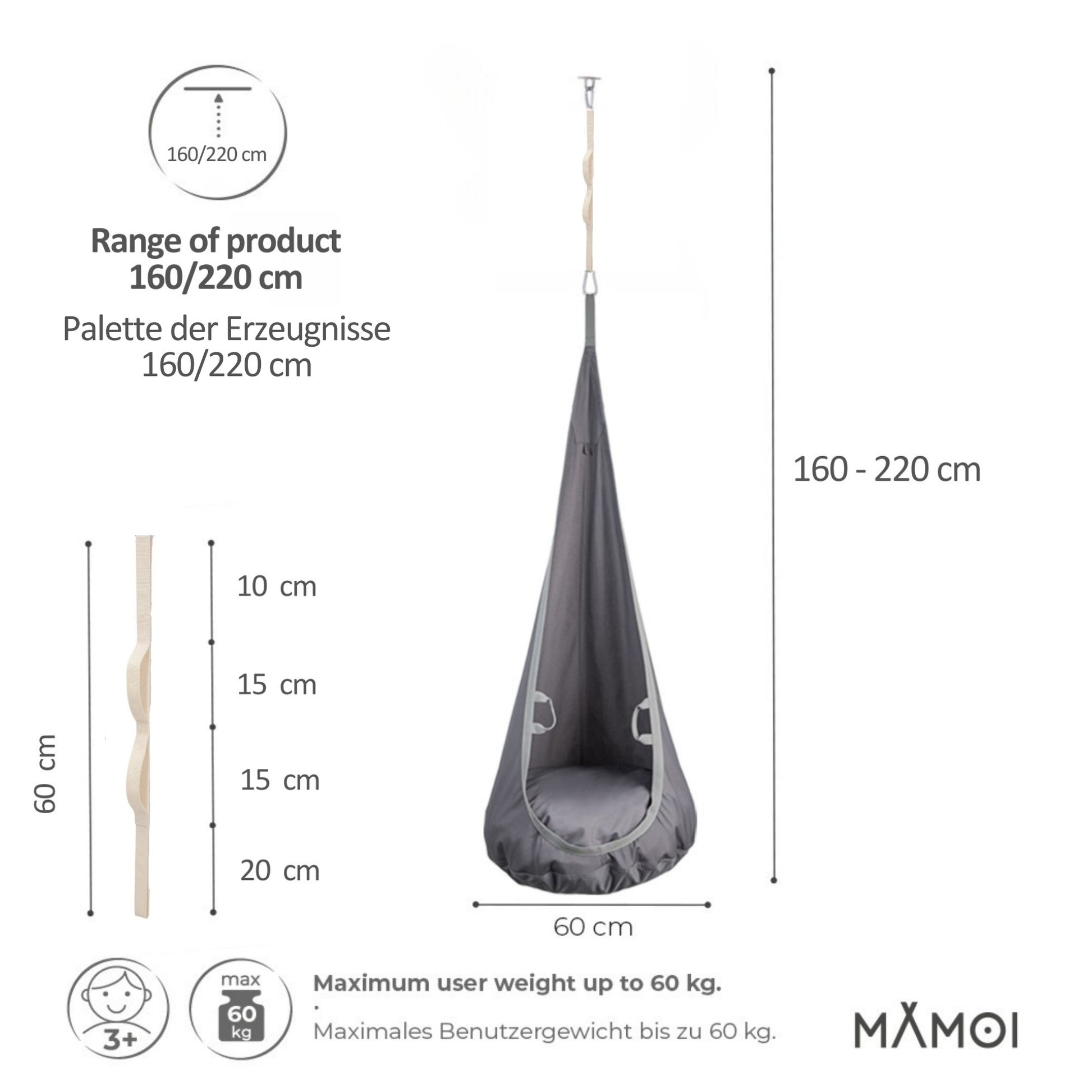 MAMOI® Swing hanging chair Grey, Indoor hammock, Sensory swing seat for bedroom for kids, Child door swinging nest for autism, Garden egg swings for children-1